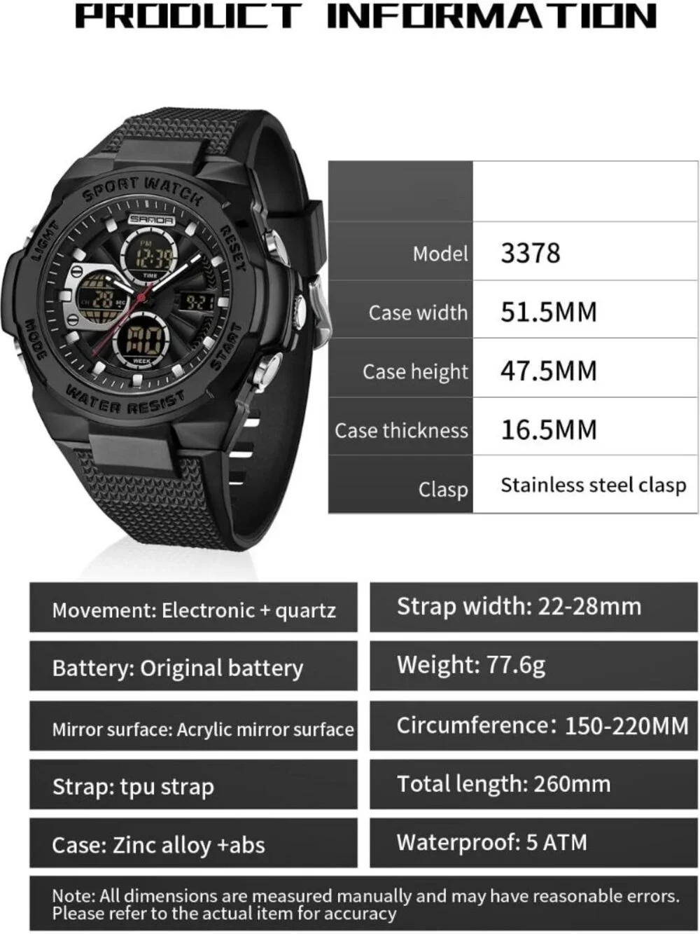 Men's All Black Analog Quartz Electronic Military Multifunction Digital Watch